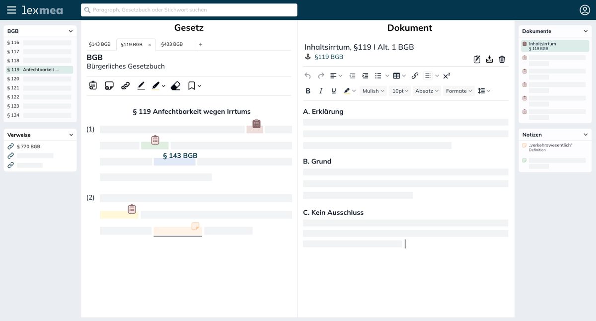 LexMea online law book with highlighted German statutes